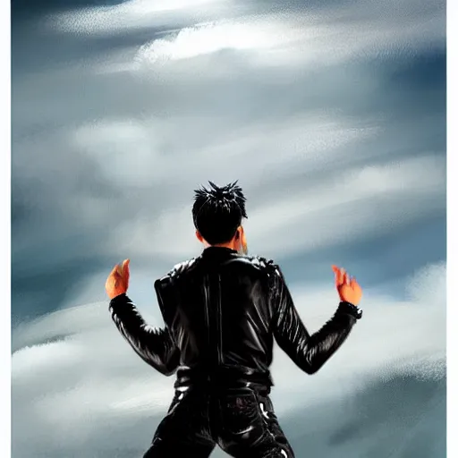 Image similar to gay man with leather clothes dancing on the clouds, Artstation