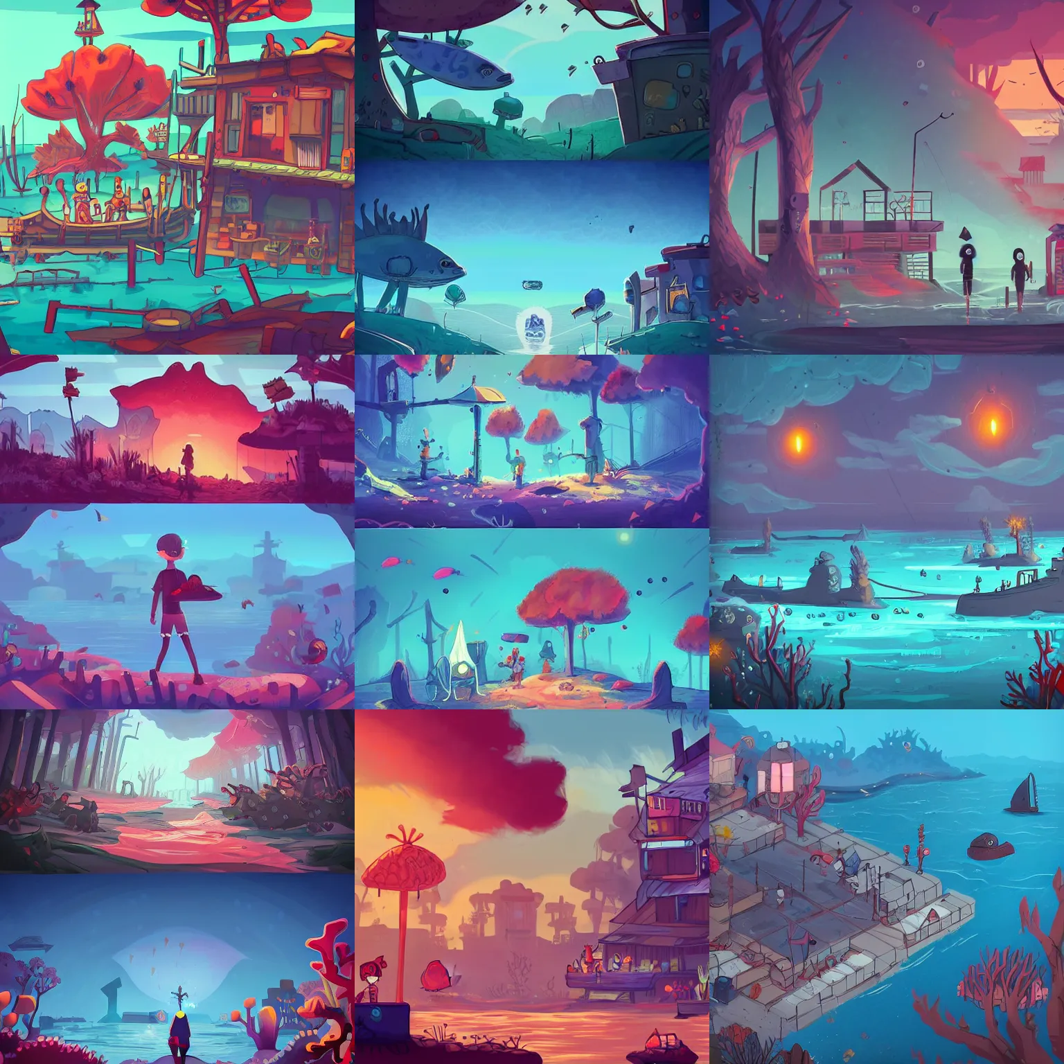 Prompt: beautiful art for a 2d side scroller game set in a crowded post apocalyptic sea fairing town with lots of coral and fish inspired by night in the woods