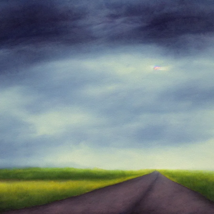 Prompt: atmospheric artwork about a road towards a clearing horizon by patricia brintle.