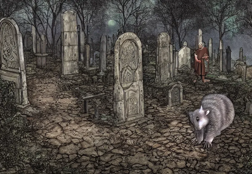 Image similar to big possum dressed like a monk at a scary medieval cemetery in the middle of the forest at night, highly detailed, photorealistic, isometric, digital art