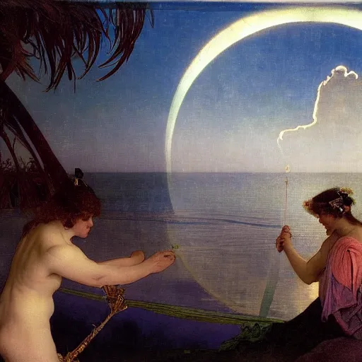 Image similar to The palace on the clouds, moon reflecting on the water, thunderstorm, greek pool, beach and Tropical vegetation on the background major arcana sky, by paul delaroche, alphonse mucha and arnold böcklin, hyperrealistic 8k, award-winning, very very very detailed