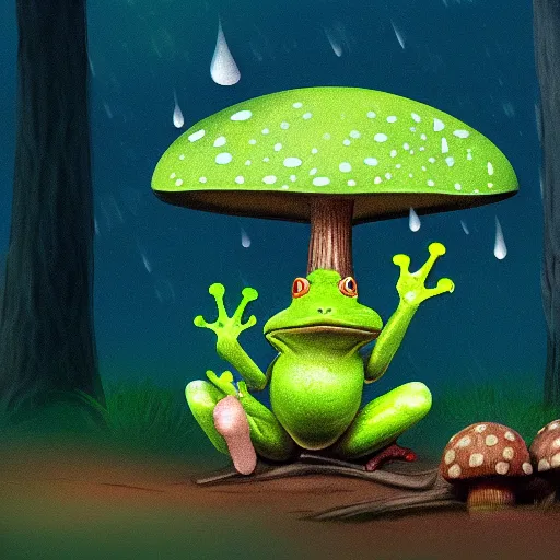 Prompt: a frog wearing a mushroom cap hat in a forest and it's raining, digital art, trending on artstation