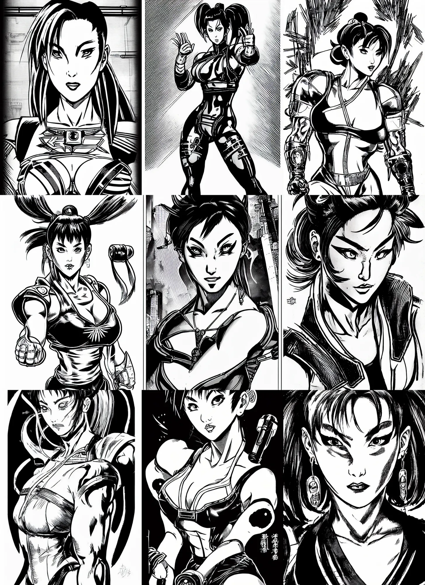 Prompt: chun li, portrait, cyberpunk 2 0 2 0 manual, by steampoweredmikej, inktober, ink drawing, black and white, coloring pages, manga, highly detailed