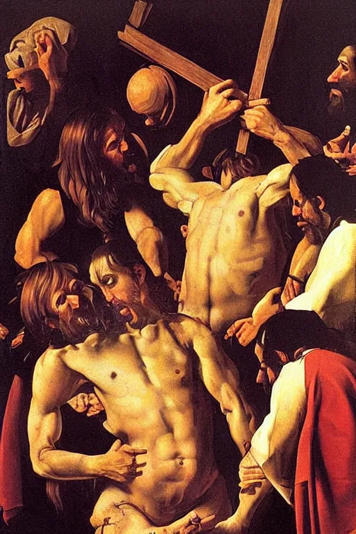 Image similar to the muppets in the painting Flagellation of Christ by Caravaggio,