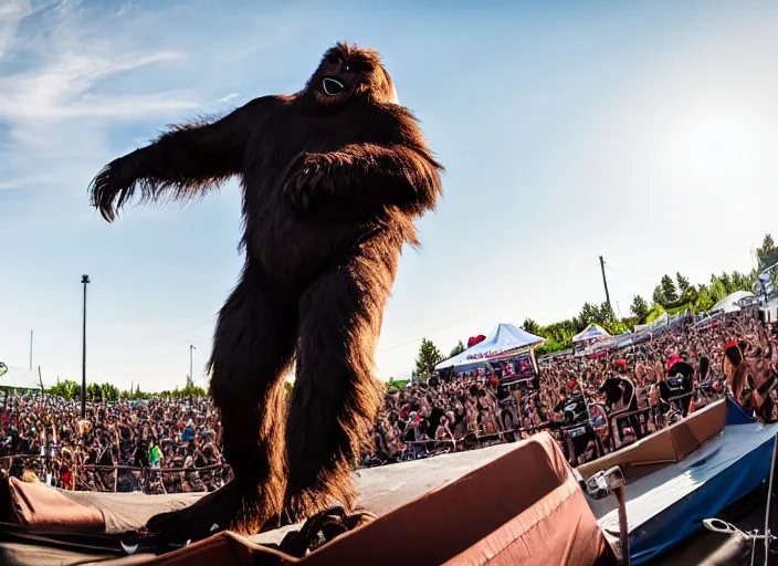 Image similar to photo still of sasquatch on stage at vans warped tour!!!!!!!! at age 4 8 years old 4 8 years of age!!!!!!! throwing rocks and berries at the crowd, 8 k, 8 5 mm f 1. 8, studio lighting, rim light, right side key light