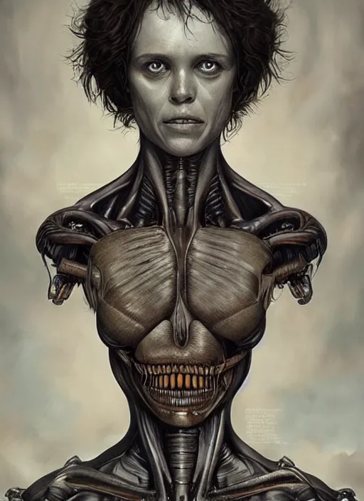 Prompt: a hyper detailed upper body portrait of ellen ripley : : 1 0 beginning a transformation into a xenomorph : : 5, by tom bagshaw, by zdzisław beksinski, trending on artstation