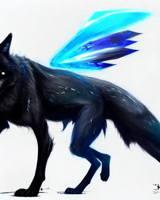Prompt: concept art of a black wolf with blue neon wings, highly detailed painting by dustin nguyen, akihiko yoshida, greg tocchini, 4 k, trending on artstation, 8 k