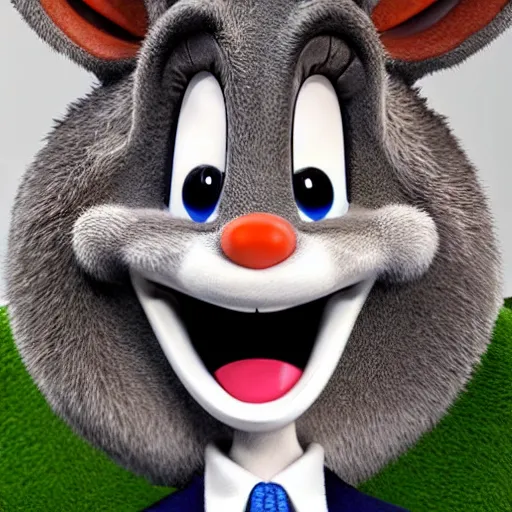 Prompt: high quality hyperrealistic finely detailed professionally photographed photo of a realistic horrifying Bugs Bunny smiling, 50 mm