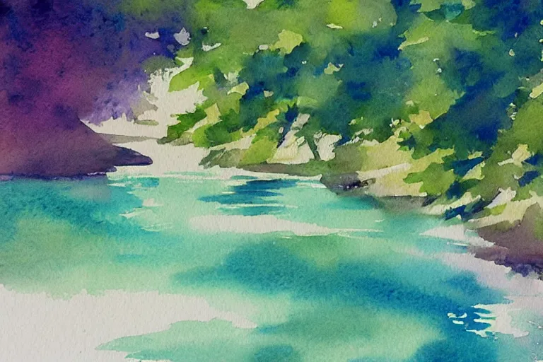 Prompt: river summer watercolor pen light color on artstation