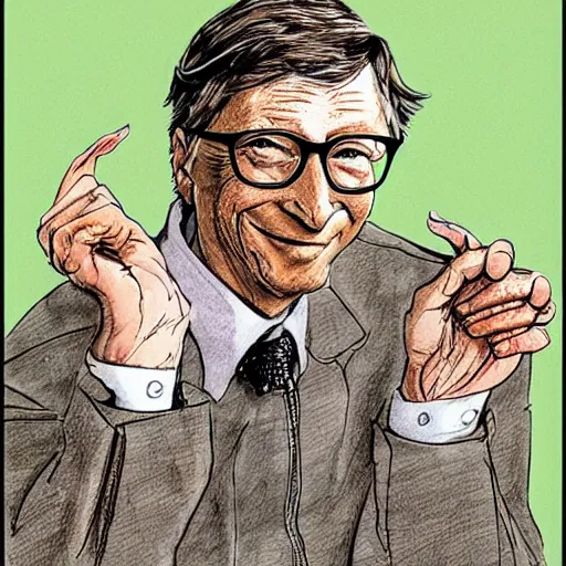 Image similar to bill gates holding a vaccine in his hand, Body horror, by Ralph Steadman