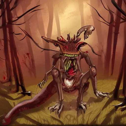 Prompt: big butcher anthropomorphic male lizardfolk posing scarily, scary angry pose, covered in blood, fresh kill, cleaver, in a forest, earie setting, lovecraft, eldritch, horror, hyperdetailed, furaffinity, deviantart, anthro art