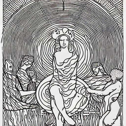 Image similar to digital art, coloring - in sheet by josef albers harrowing. the sculpture shows venus seated on a crescent moon. she is surrounded by the goddesses ceres & bacchus, who are both holding cornucopias.