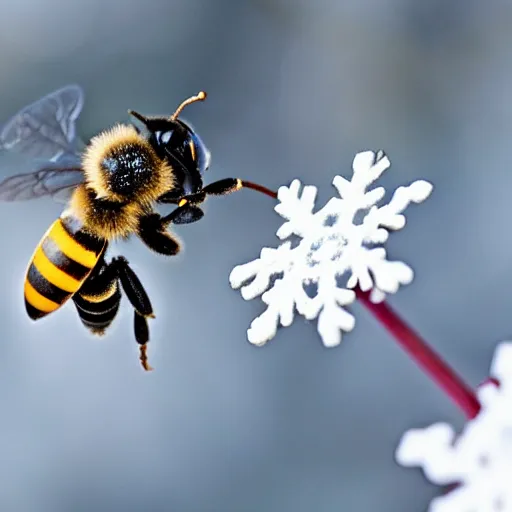 Image similar to a bee finding a beautiful snowflake flower, only snow in the background, beautiful macro photography, ambient light