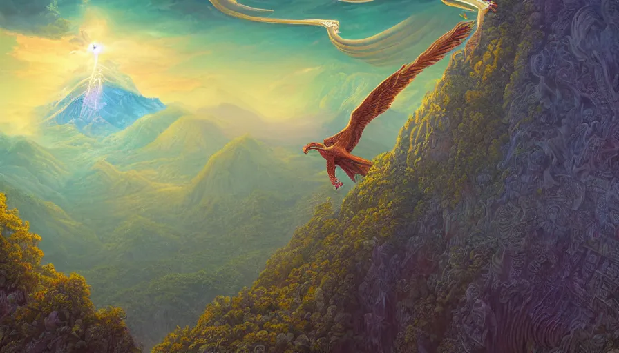 Prompt: a beautiful ultradetailed matte painting of Quetzalcoatl flying over a lush mountain range, by Peter Mohrbacher and Quentine Mabilles and Laurie Greasley, tarot card, dazzling energy, ultra wide angle shot, high angle shot, intricate, fractal magic, rays of god, hyperdetailed, micro details, volumetric lighting, 8k, ray tracing, polarized lens