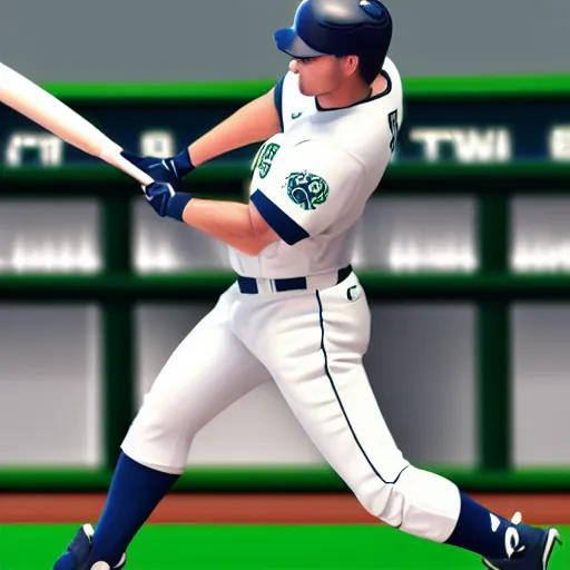 Image similar to seattle mariner baseball player hitting a home run at a full baseball park, photo realistic, found on artstation