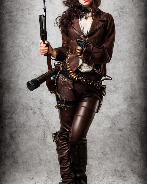 Image similar to Young girl in steampunk clothes, she wears boots and holds a gun, full body shot, sharp focus, photography, very detailed, dark hair, by nikon, by Iphone, 4k