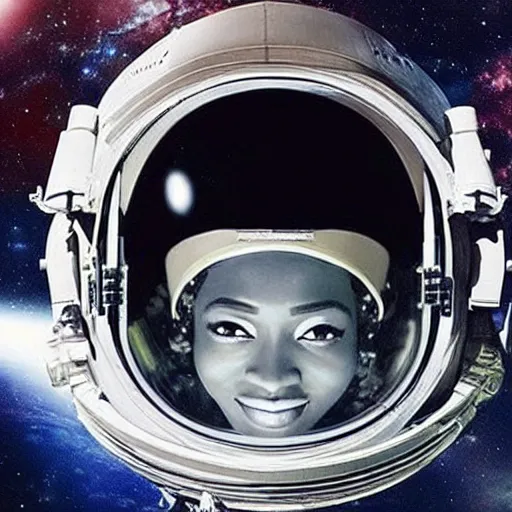 Prompt: “dark skinned astronaut wearing translucent helmet waving at the international space station nigerian woman facial features”