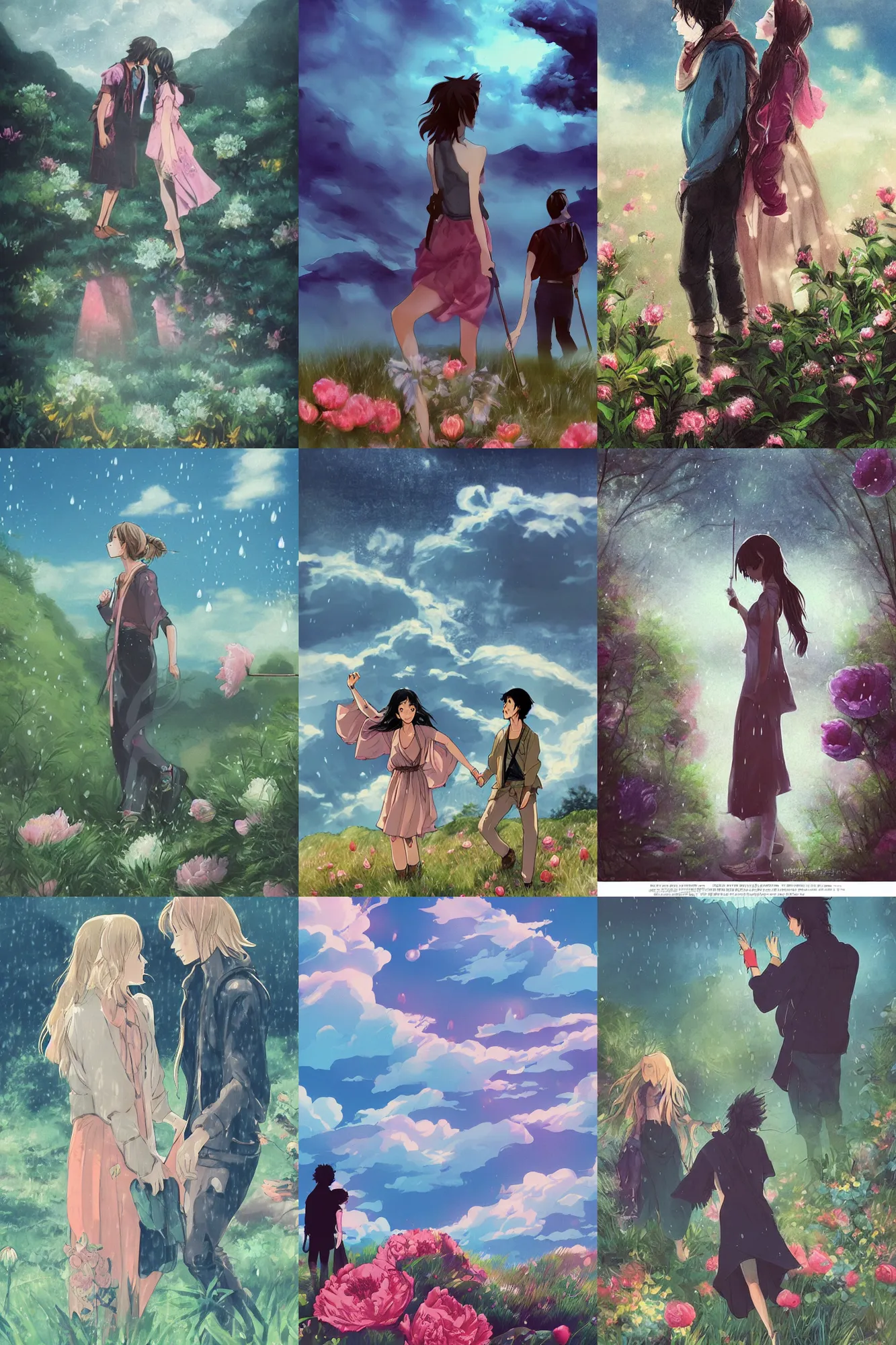 Prompt: a cinematic boy girl traditional romance moment of a group of university friends hiking wearing boho clothing and peonies, standing silhouette against the sun, bestselling movie art poster, official media, 1970s fashion, official anime media, elegant decollete, sculpture, fog and rain, dynamic pose, thunder clouds in the sky, nature, illustration, intimidating lighting, incredible art by artgerm and greg rutkowski and doja cat