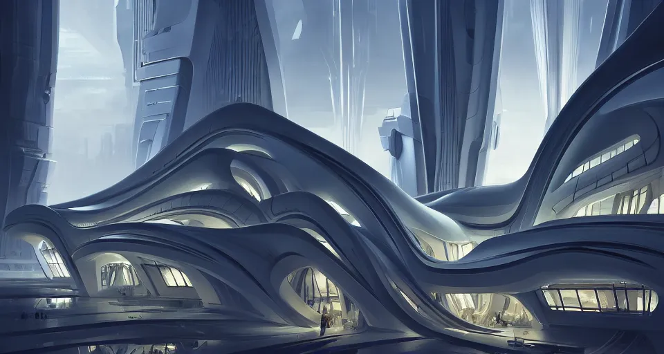 Prompt: cinematic shot, futuristic building, crowded, utopian, zaha hadid, night, white, lights, digital painting, artstation, concept art, smooth, sharp focus, illustration, intricate, elegant, highly detailed, in the style of greg rutkowski and alphonse mucha and artemisia, 8 k, highly detailed, jurgens, rutkowski