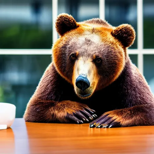Prompt: bored bear, head leaning on paw with elbow on table