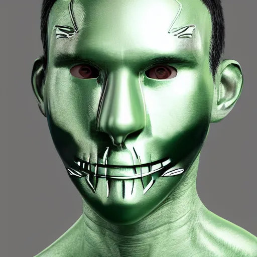 Prompt: man wearing a metal mask with thin green tubes all over his body hyperdetailed, realistic, high - resolution illustration that slightly looks like a comic character