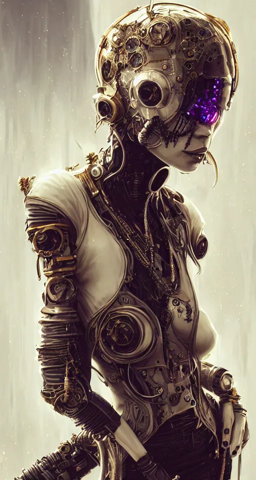 Image similar to soft lustrous ivory ebony biotech raver gutter punk gothic steampunk cyborg, golden ratio, details, scifi, fantasy, cyberpunk, intricate, decadent, highly detailed, digital painting, octane render, artstation, concept art, smooth, sharp focus, illustration, art by artgerm, loish, wlop