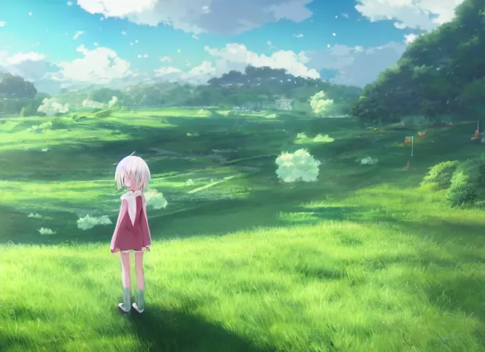 Image similar to illustration of a wide shot green hills with clouds in the background, cute anime girl with platinum blonde hair and big eyes close to foreground, anime key visual, official media, illustrated by wlop, extremely detailed, 8 k, trending on pixiv, cinematic lighting, beautiful