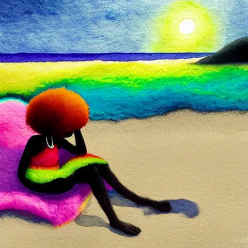 Prompt: a black girl with a colorful afro and rainbow eyes, relaxing on the beach at sunset, bright colours, watercolor, volumetric wool felting, macro photography, children illustration, by goro fujita