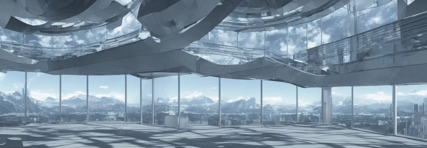 Prompt: Simplistic 3D Rendering of a Futuristic hall with tall windows overlooking a scifi city and mountains. a big planet in the sky, photorealistic, white and blue