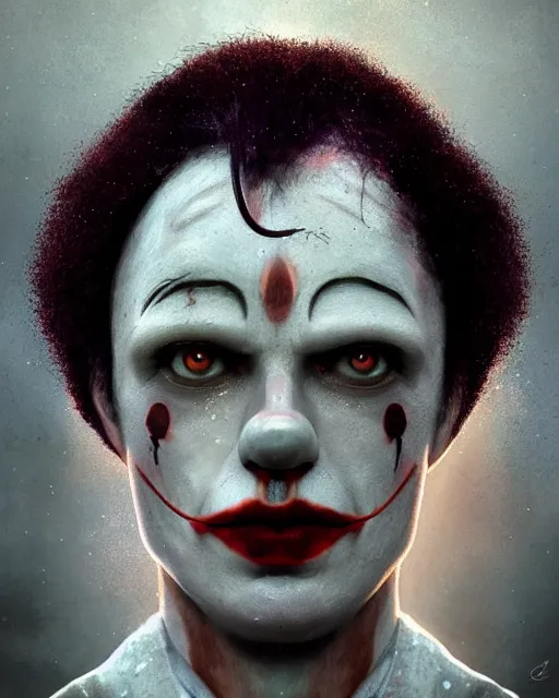 Image similar to centered detailed portrait of a sad clown identical eyes, fantasy, illustration, slender symmetrical face and body, artstation, cinematic lighting, hyperdetailed, cgsociety, 8 k, high resolution, charlie bowater, tom bagshaw, single face, insanely detailed and intricate, octane render, dark fractal background, vfx, postprocessing, featured on artstation, well - rendered