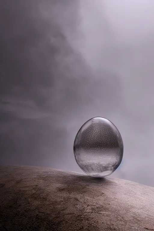 Image similar to photoreal render of transparent cthulhu egg, presented nicely, rendered in octane, realistic, film grain, 3 5 mm, 1 6 0 0 iso, sony a 7 riv, 8 k, unreal engine, wind, mythical, surrounded by mist, surreal moody background