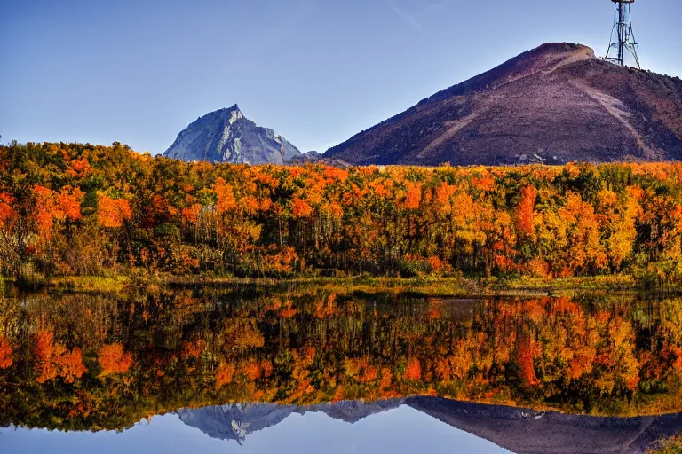 Image similar to a mountain with a radio tower next to a pond, autumn hills in background. telephoto lens photography.