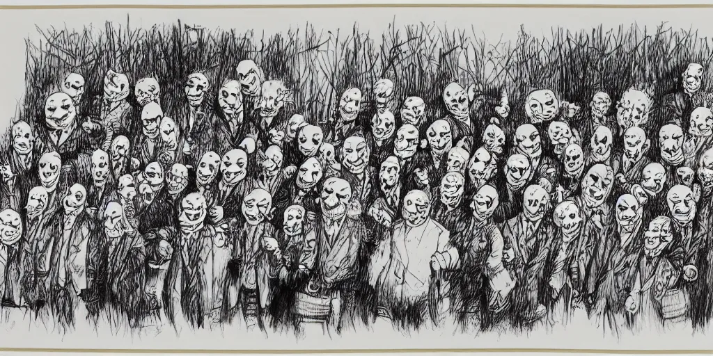 Image similar to A beautiful pen and ink drawing of a congress made of clowns, by ralph steadman, red and black ink, on parchment, ultra detailed