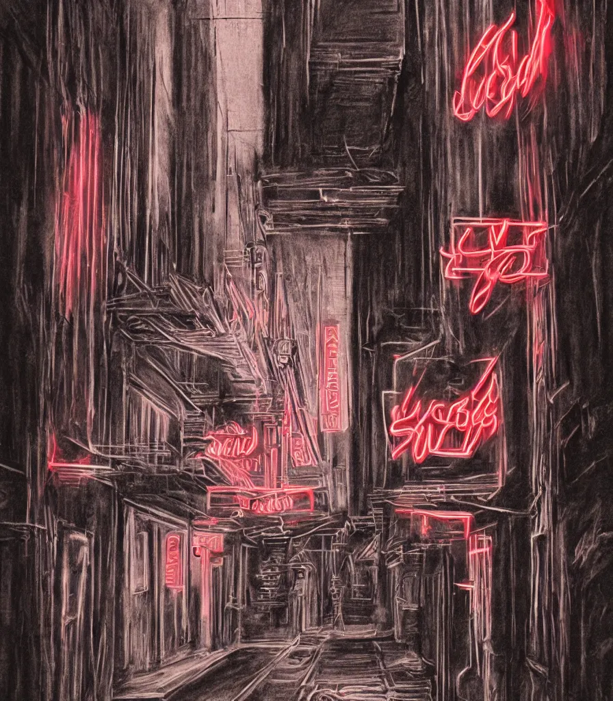 Image similar to charcoal sketch alleyway red neon signs