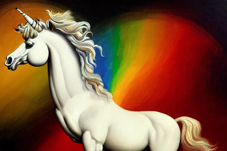 Image similar to detailed traditional painting of a unicorn walking on a rainbow, ((rainbow)) by Caravaggio, authentic, masterpiece, brush strokes, trending on artstation