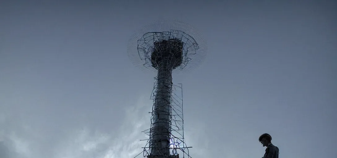 Image similar to Wireless Internet technician looking up from the base of a giant telecommunications tower covered in wireless antennas, getting ready to climb and replace radio. Post apocalypitic landscape, dystopia. Roger Deakins Cinematography, james gurney, james jean, greg rutkowski, anato finnstark. hyper detailed, 35mm, hazy atmospheric lighting volumetric