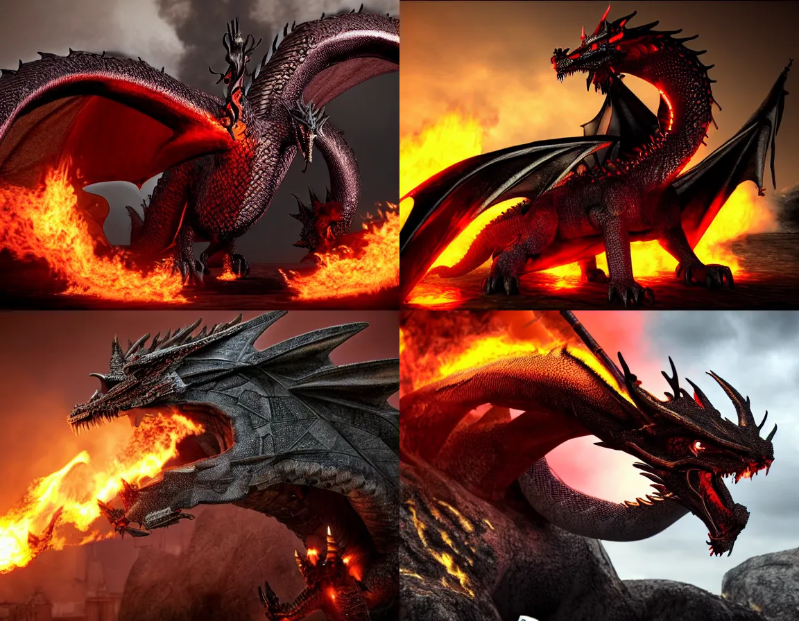 Prompt: Giant, Steel, Firebreathing Dragon, dragon eyes, dragon fangs, Metal, Iron, Fire, Flames, Dragon, photo, render, unreal engine