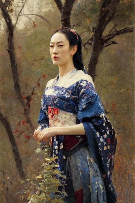 Image similar to Yvonne Strahovski by Solomon Joseph Solomon and Richard Schmid and Jeremy Lipking victorian genre painting full length portrait painting of 张国荣 in traditional costume