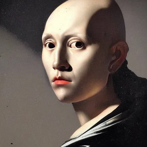 Prompt: baroque painting portrait of a robot by caravaggio in the style of greg rutkowski