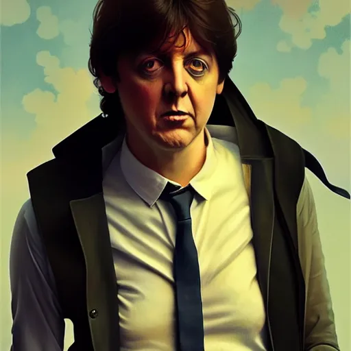 Image similar to Steven Moriseey as Paul McCartney, body portrait, highly detailed, digital painting, artstation, concept art, sharp focus, illustration, art by WLOP and greg rutkowski and alphonse mucha and artgerm