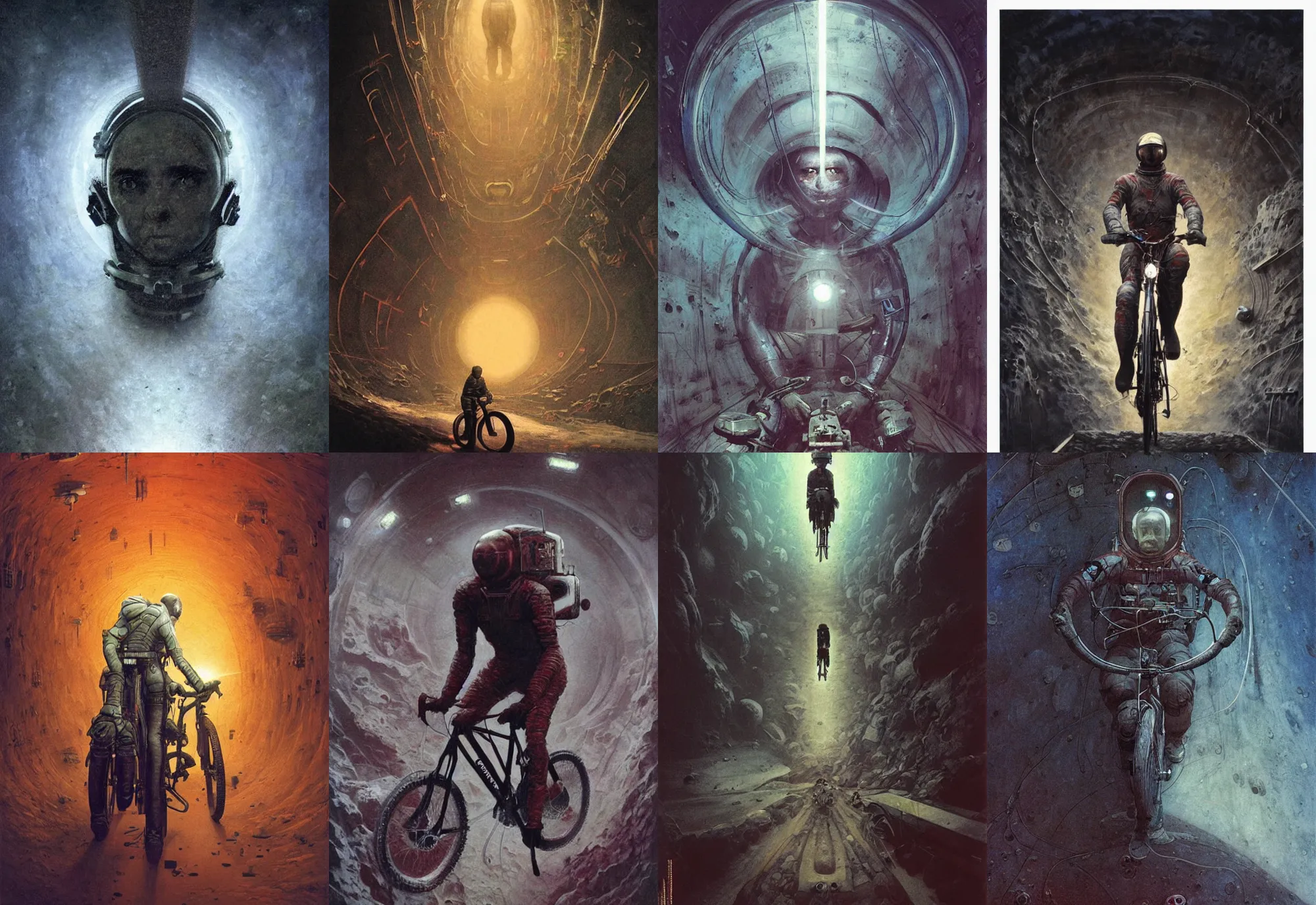 Prompt: portrat soviet cosmonavt on bike in the dirty cave, moscow metro, space travel, art by beksinski and stephan martiniere, japan poster, fatal, singularity, cold