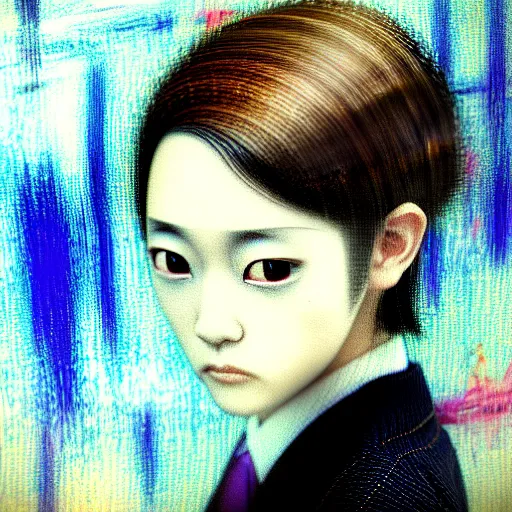 Image similar to yoshitaka amano blurred and dreamy realistic three quarter angle portrait of a young woman with short hair and black eyes wearing office suit with tie, junji ito abstract patterns in the background, satoshi kon anime, noisy film grain effect, highly detailed, renaissance oil painting, weird portrait angle, blurred lost edges