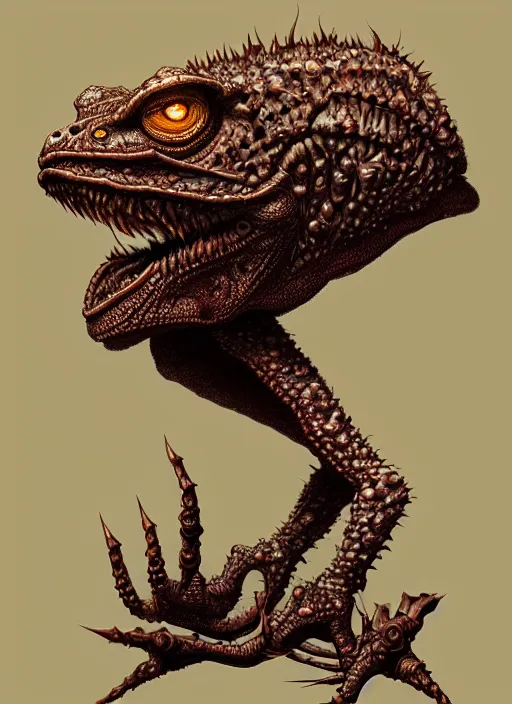 Prompt: anthropomorphic triangle brain in edgy darkiron - tribalart cane toad demon, intricate, elegant, highly detailed animal monster, digital painting, artstation, concept art, smooth, sharp focus, illustration, art by artgerm, dwayne barlowe, trending on artstation and greg rutkowski and alphonse mucha, 8 k
