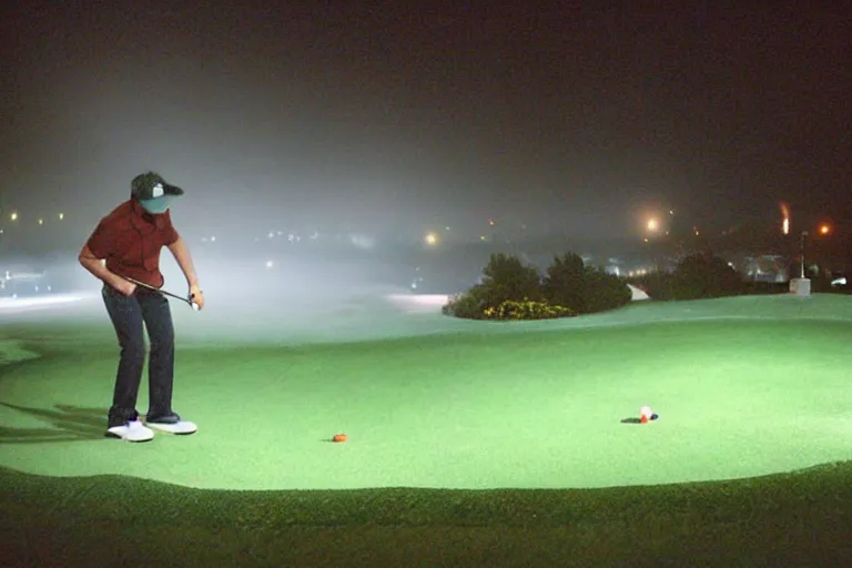 Image similar to tony stark playing mini golf in nevada, fog, mid night, 2000s photo