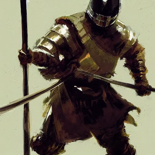 Image similar to portrait of man wearing gambeson and sallet helmet, swinging sword, fighting, detailed by greg manchess, craig mullins, bernie fuchs, walter everett