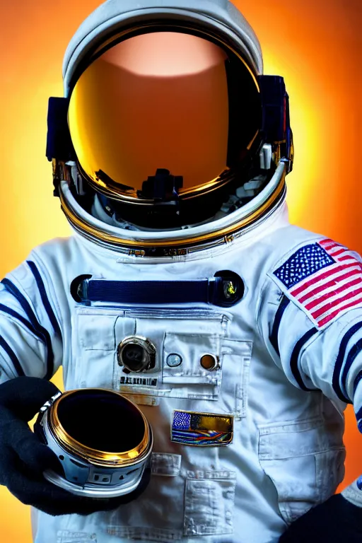 Prompt: extremely detailed studio portrait of space astronaut, holds a smart phone in one hand, phone!! held up to visor, reflection of phone in visor, moon, extreme close shot, soft light, golden glow, award winning photo by nasa