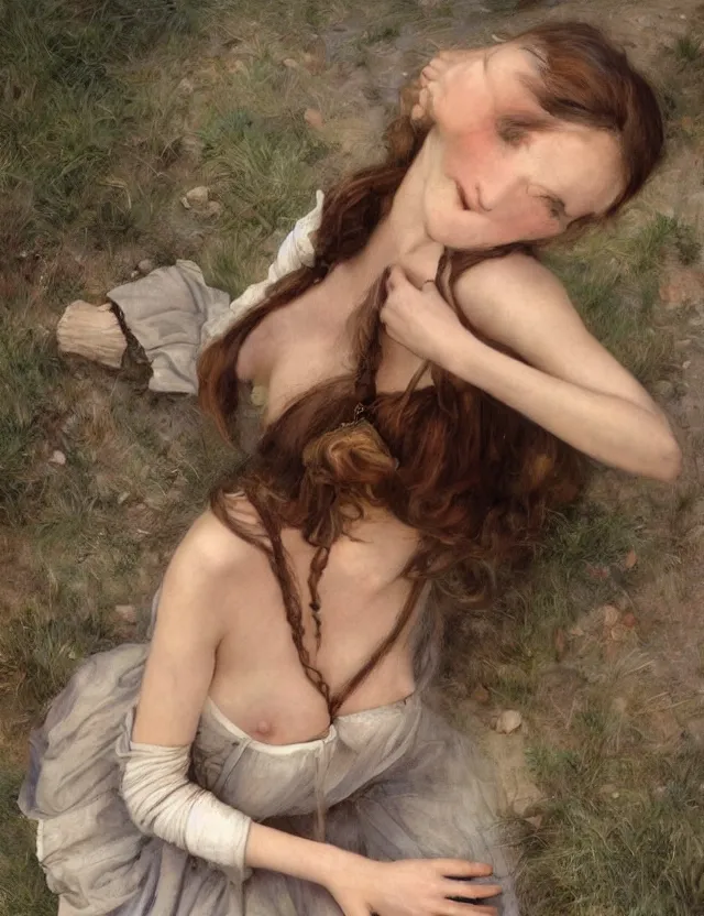Image similar to tempting peasant girl with deep seductive décolleté looking in the camera, on a village, high angle view, portrait, Cinematic focus, Polaroid photo, vintage, neutral colors, soft lights, foggy, by Steve Hanks, by Serov Valentin, by lisa yuskavage, by Andrei Tarkovsky 8k render, detailed, oil on canvas