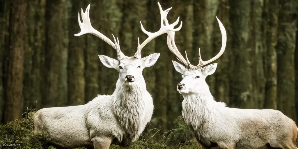 Image similar to king of the forest, a white stag, beautiful, fantasy, hyper realistic, dramatic lighting, cinematic, 3 5 mm lens, 8 k,