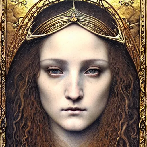 Image similar to detailed realistic beautiful young medieval queen face portrait by jean delville, tom bagshaw, brooke shaden, gustave dore and marco mazzoni, art nouveau, symbolist, visionary, gothic, pre - raphaelite, ornate gilded medieval icon, surreality, ethereal, unearthly, haunting, celestial, neo - gothic, ghostly, memento mori, enigmatic, spectral