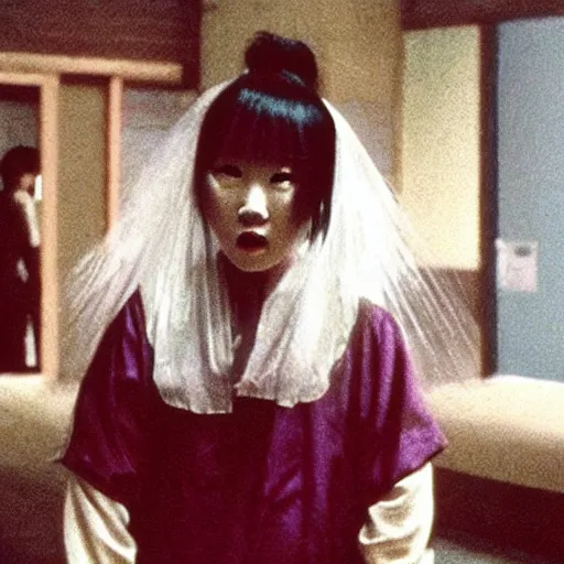 Image similar to a japanese horror movie from the 90's featuring a scary female ghost
